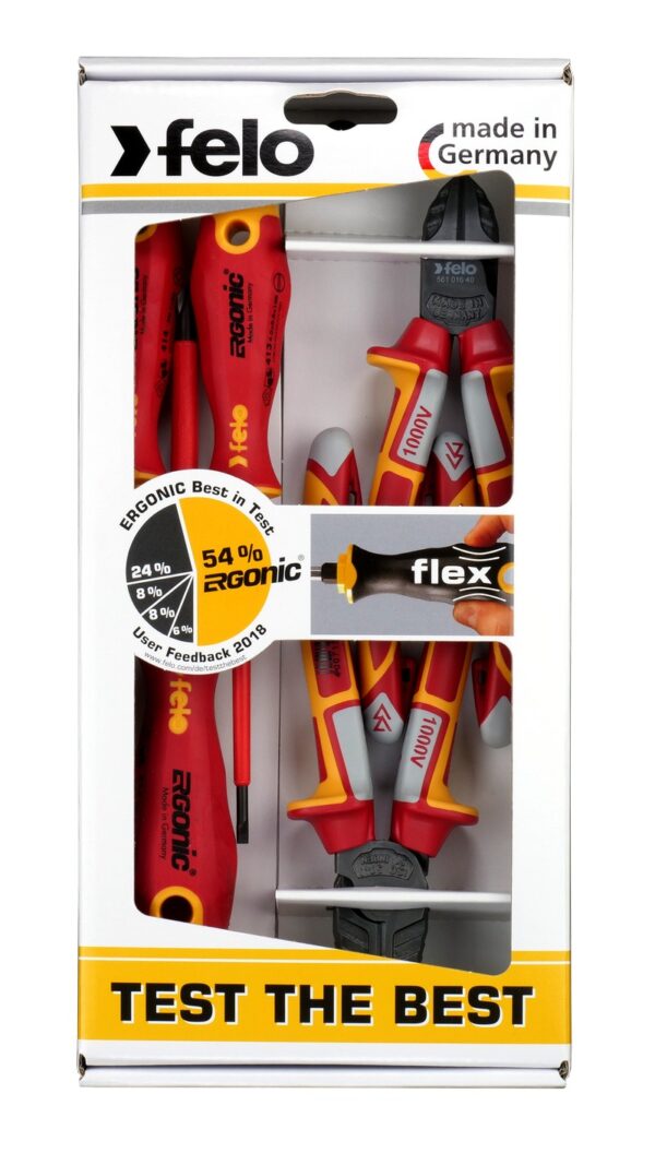 Zestaw 3 wkrętaków FELO - ERGONIC VDE  4,0/PH1/PH2 + obcinaczki boczne VDE 160 / kombinerki VDE 180 - obrazek 2